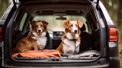 Dogs enjoying from traveling by car. Created with Generative AI technology.