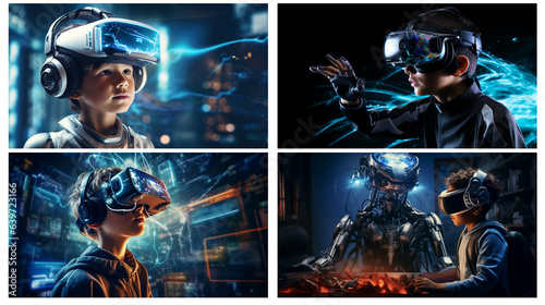 Mosaic of four 16:9 illustrations representing cybernetic a kid using an ultra-modern virtual reality helmet to learn his lesson