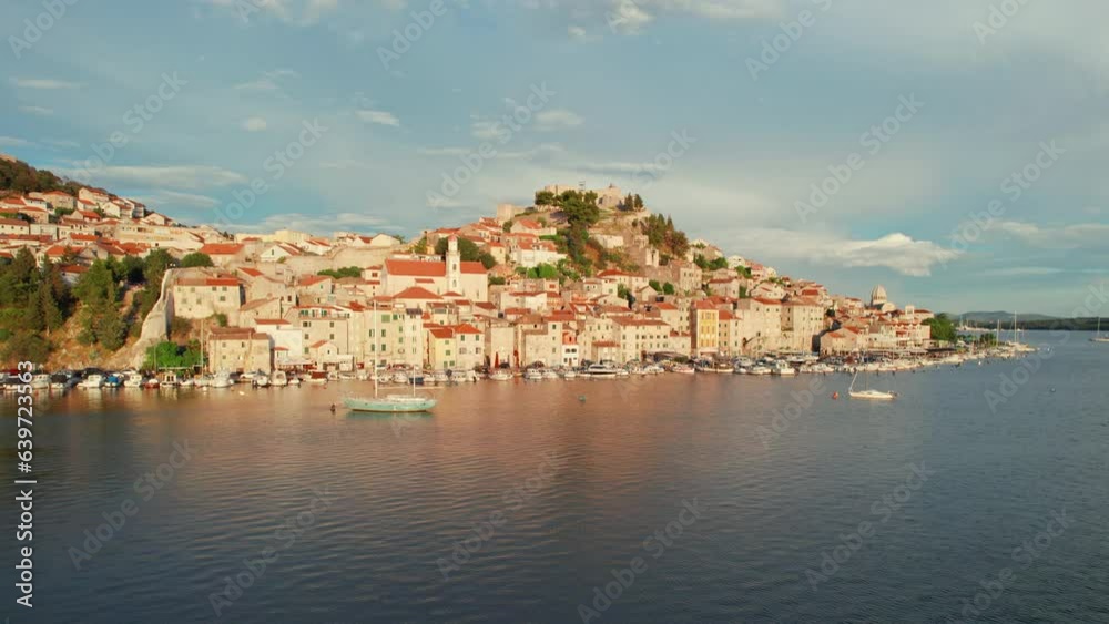 Aerial view of the Sibenik old town at sunset, Dalmatia, Croatia Aerial view of the Sibenik old town at sunset, Dalmatia, Croatia