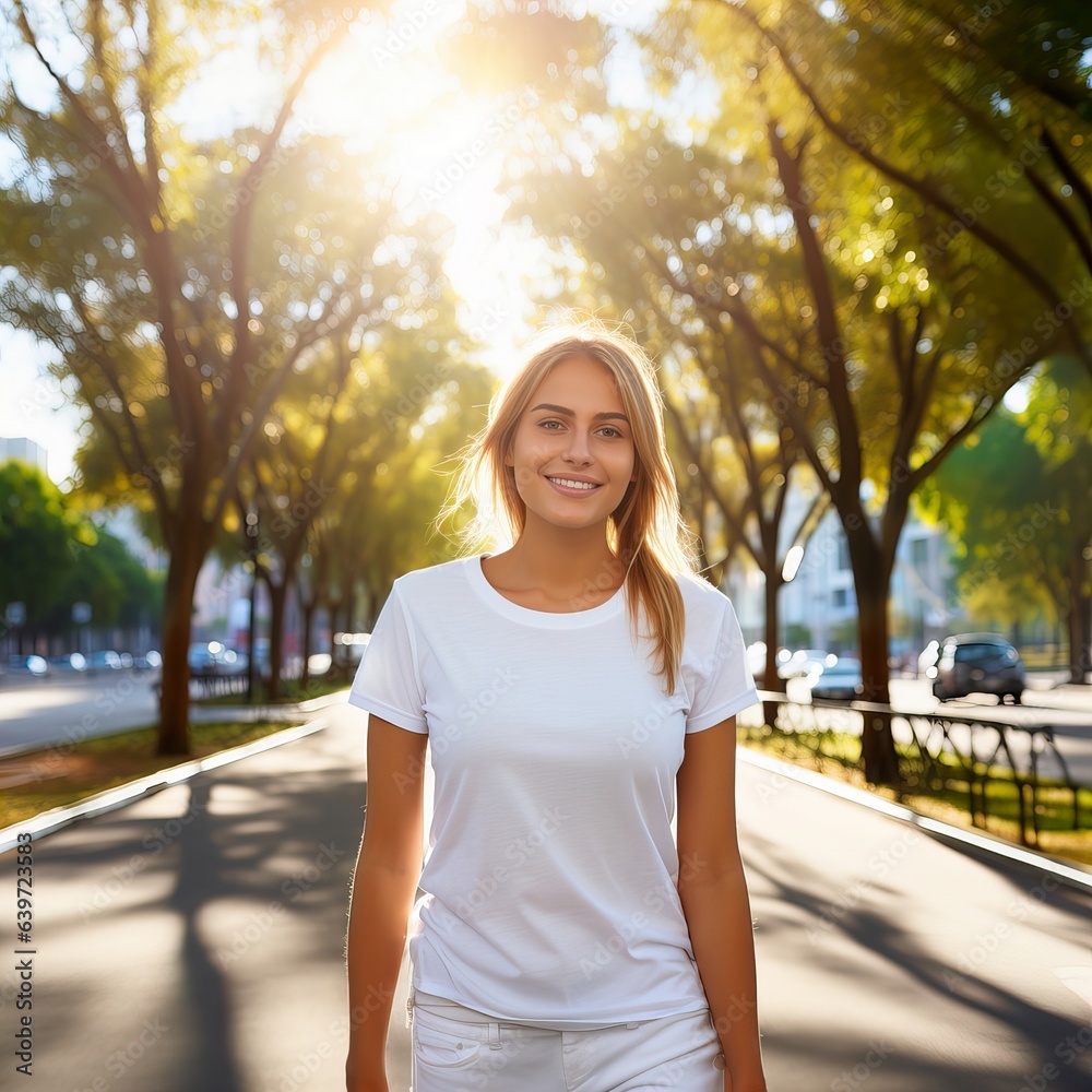 Beautiful young lady dressed in white t-shirt, commercial tee-shirt mock-up, smiling european woman standing in the street Beautiful young lady dressed in white t-shirt, commercial tee-shirt mock-up, smiling european woman standing in the street