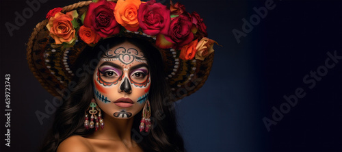 Portrait of a woman. Day of the Dead background with copy space for text. Dia de los Muertos