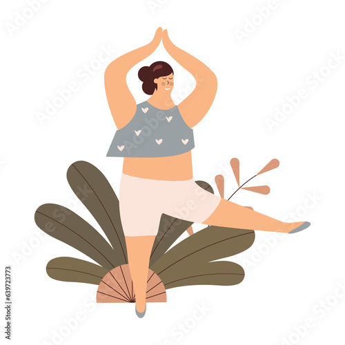 Body positivity cute young plump girl with more size-inclusive body do yoga.Plumpish lady in tree pose.Concept of evolving beauty standards and diversity.Raster illustration