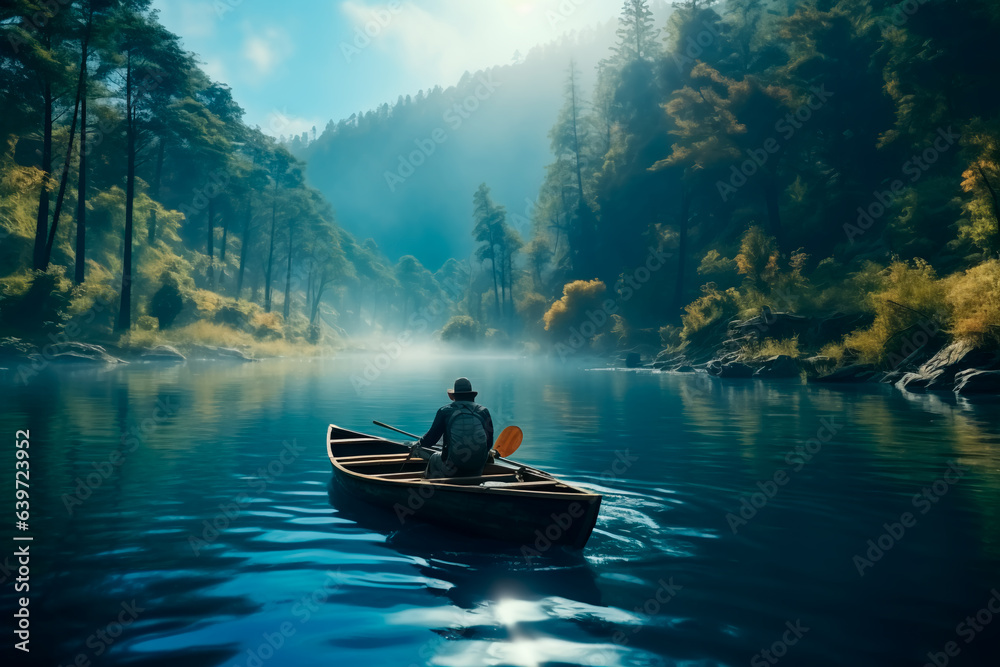 Fishing on a boat, fishing on a pacific river in the forest Fishing on a boat, fishing on a pacific river in the forest