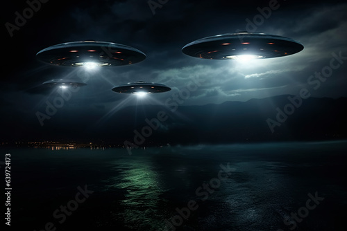 UFO on the night ocean, grey lights of UFO