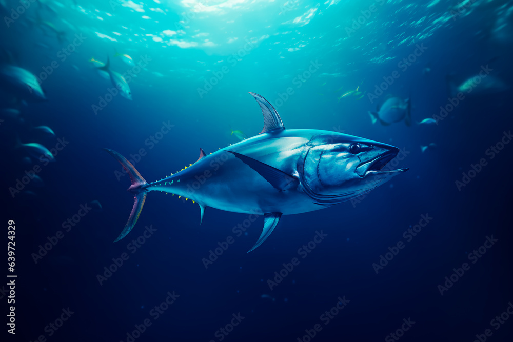 Obraz premium A tuna fish in the centre of a dark ocean