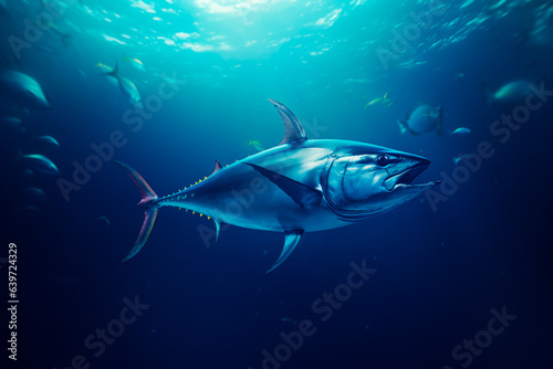 A tuna fish in the centre of a dark ocean