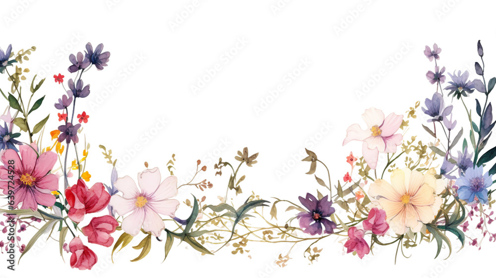 dainty wildflowers in watercolor style as a frame border isolated on a transparent background, generative ai 