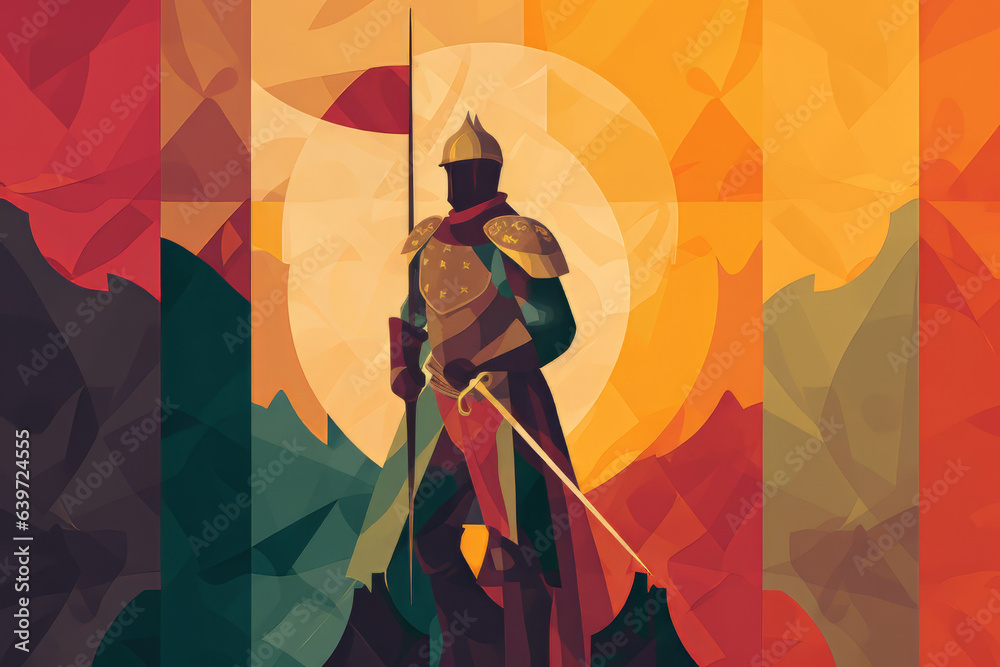 Stylized minimalist knight on a background of rich colors - obrazy, fototapety, plakaty 