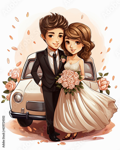 hermosa acuarela de pareja de recién casados posando con vestidos de novios, ramo de flores y coche de época photo