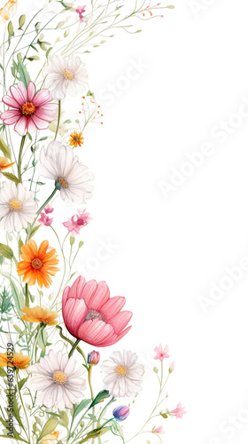dainty wildflowers in watercolor style as a frame border isolated on a transparent background, generative ai 