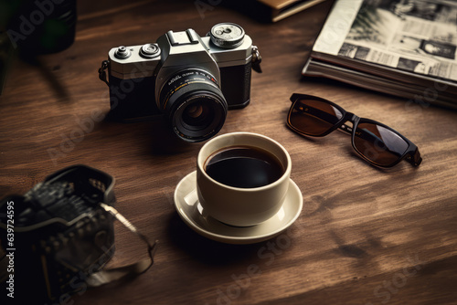 cup of coffee by a camera and glasses photo