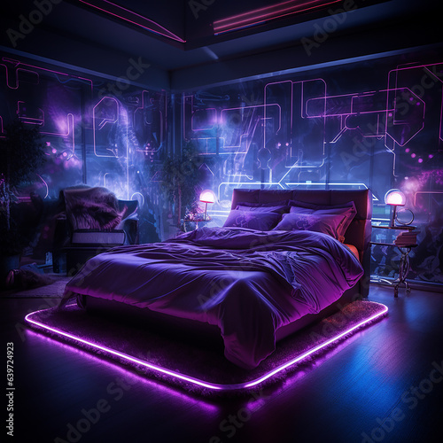 Interior of bedroom against background of starry sky. Space landscape..