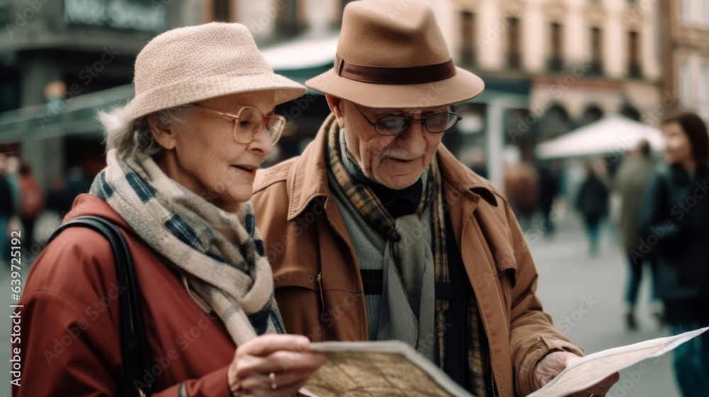 Old smiling couple reading a map. Created with Generative AI technology.