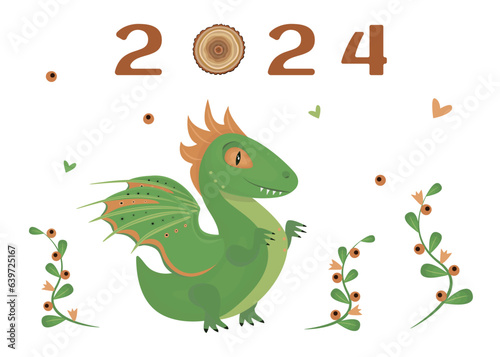 Green wooden dragon  the symbol of 2024  greeting illustration