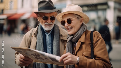 Old smiling couple reading a map. Created with Generative AI technology.