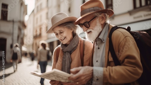 Old smiling couple reading a map. Created with Generative AI technology.