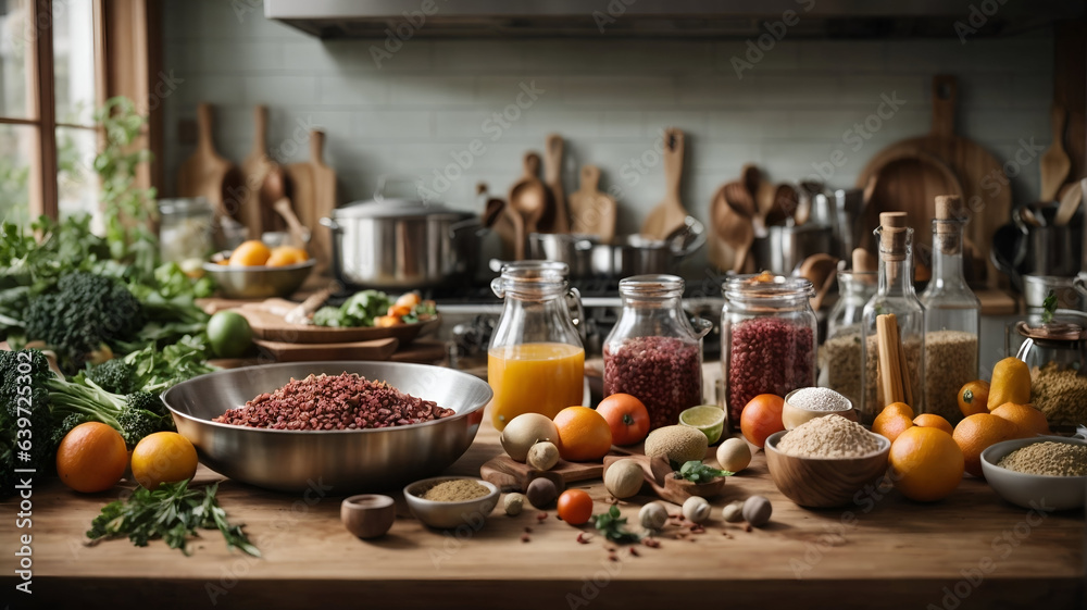 kitchen filled with ingredients and cooking tools