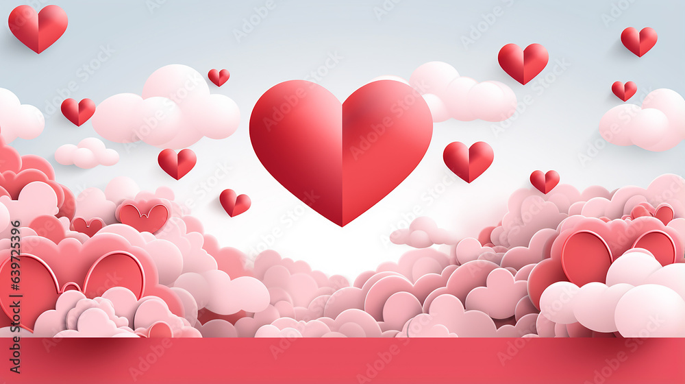 Happy Valentines Day 2024 Card Illustration with red hearts fly and cloud.