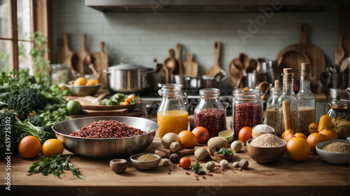 kitchen filled with ingredients and cooking tools