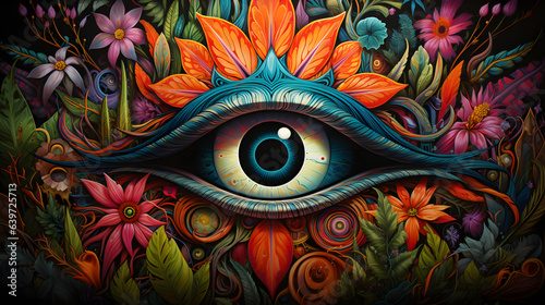 brightly colored painting of an eye surrounded by flowers and plants Generative AI