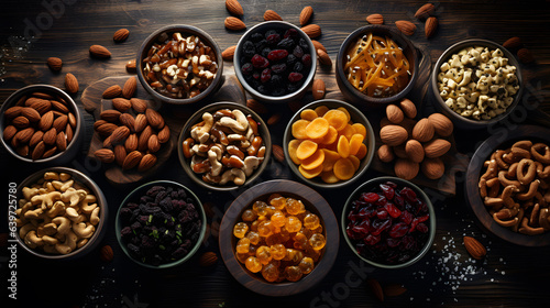 a close up of a table with bowls of nuts and dried fruits Generative AI