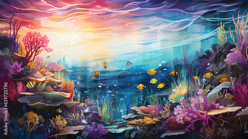 painting of a colorful underwater scene with fish and corals Generative AI