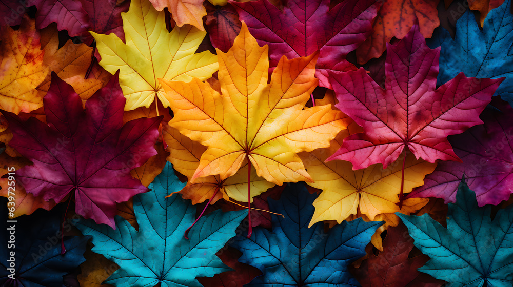 a close up of a bunch of colorful leaves on a ground Generative AI