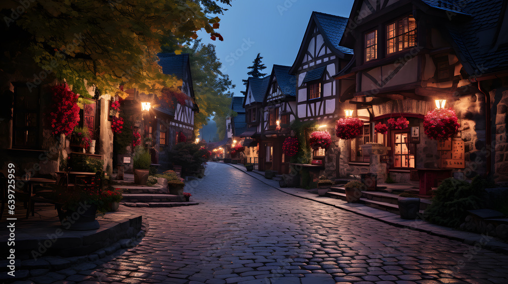 cobblestone street with a row of houses and flowers in the evening Generative AI
