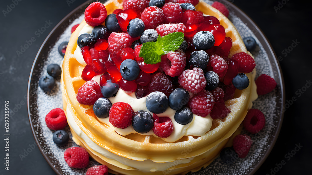 araffe with berries and cream on a plate with powdered sugar Generative AI araffe with berries and cream on a plate with powdered sugar Generative AI