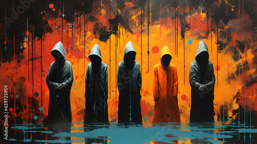 painting of four hooded men standing in front of a fire Generative AI