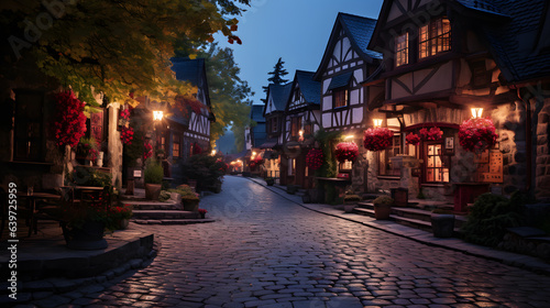 cobblestone street with a row of houses and flowers in the evening Generative AI