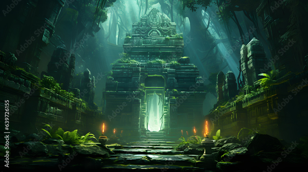 arafed temple in a jungle with a lot of plants and rocks Generative AI