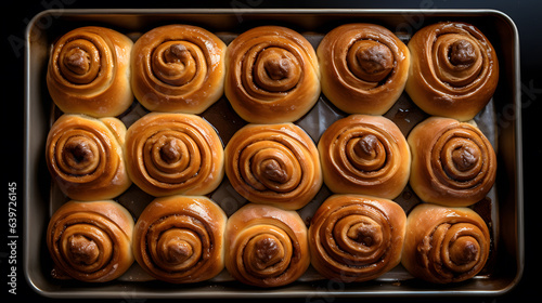 a close up of a pan of cinnamon rolls with chocolate icing Generative AI