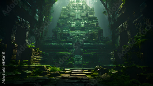 arafed view of a temple in a jungle with a stairway leading to it Generative AI