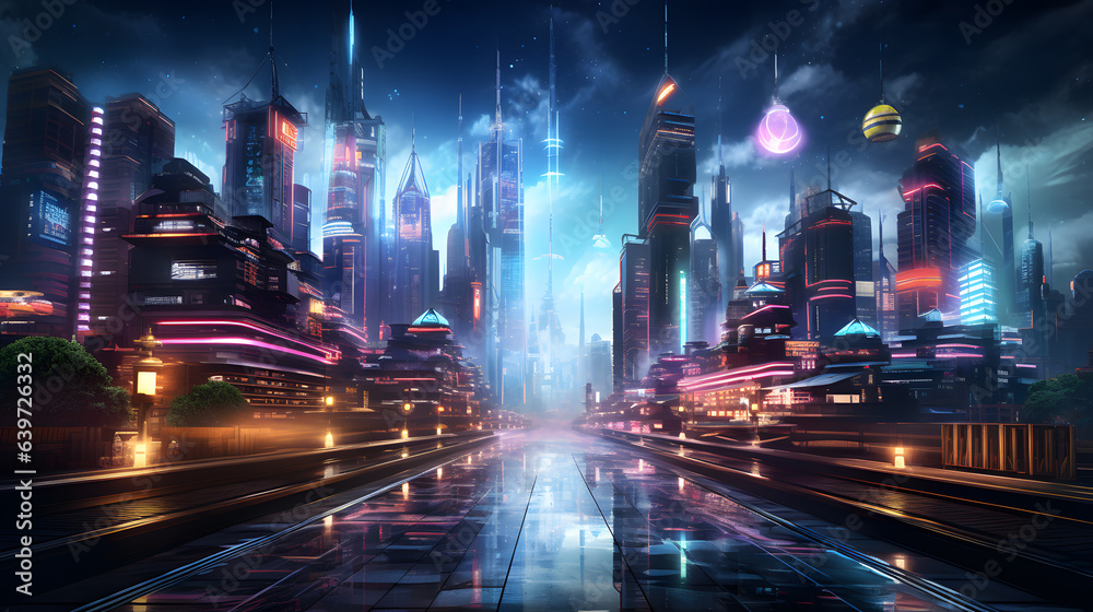 futuristic city at night with neon lights and a train passing by Generative AI