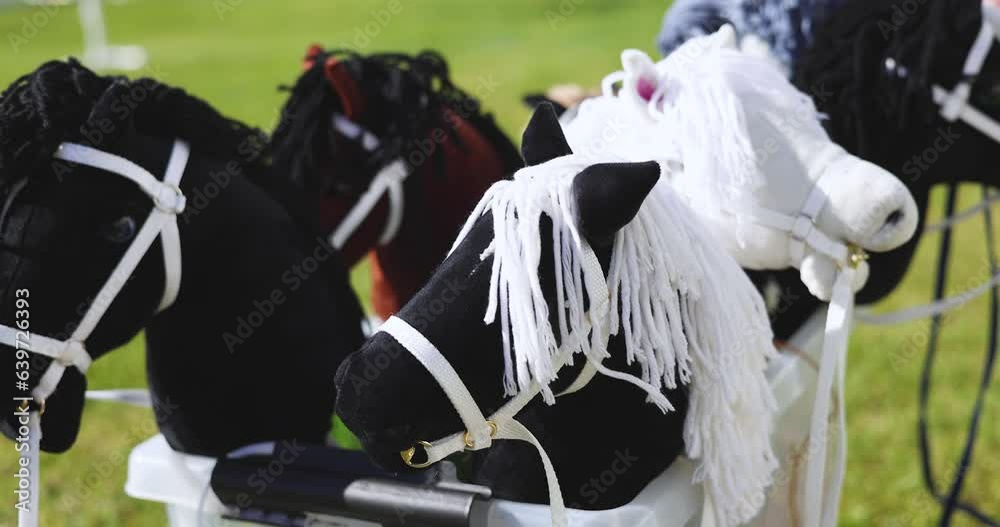 Hobby horsing competition on a green grass, hobby horse riders jumping, equestrian sport training with stick toy horses in a summer sunny day, equipment for hobbihorsing