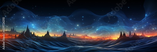 A colorful abstract landscape background with energy waves on a dark background. Generative AI. 