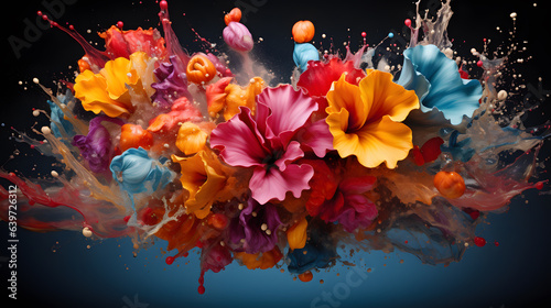 brightly colored flowers are splashing in a blue vase Generative AI © GestureShot