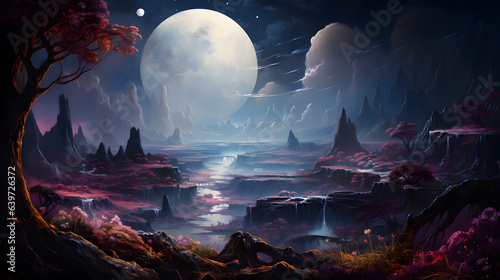 painting of a fantasy landscape with a river and a full moon Generative AI © GestureShot