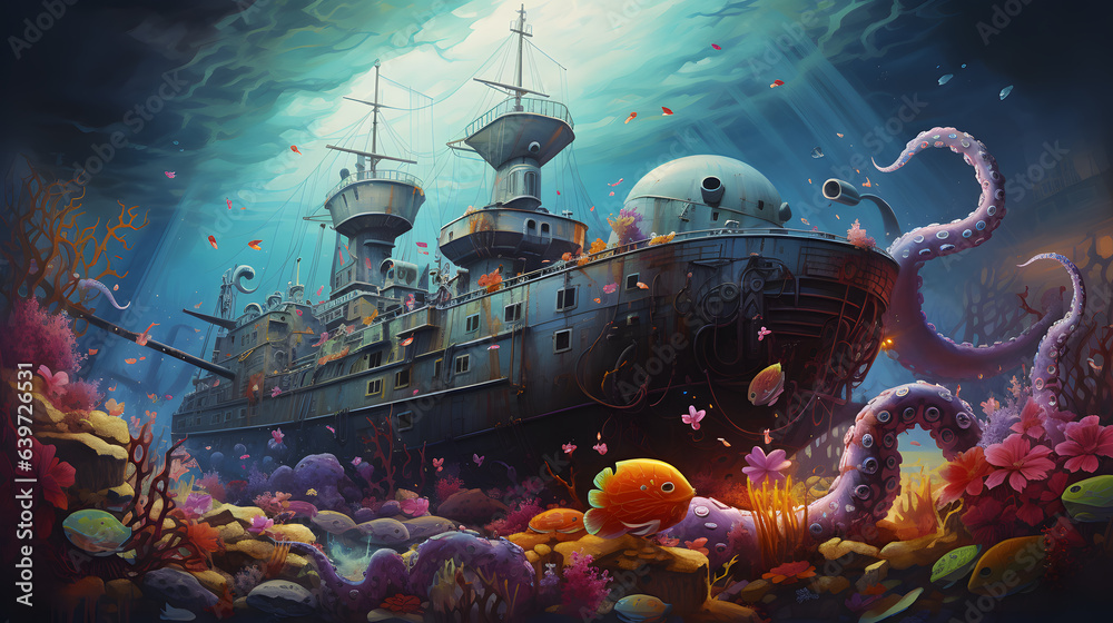 painting of a ship in a sea with octopuses and other creatures Generative AI
