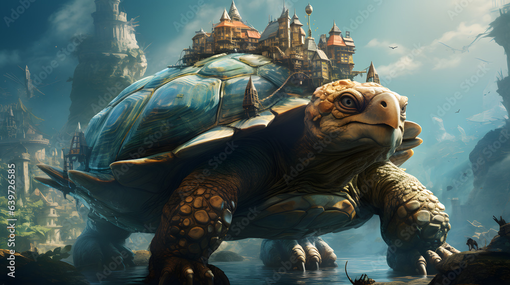 there is a turtle that is walking in the water near a castle Generative AI - obrazy, fototapety, plakaty 
