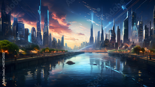 futuristic city with a river and a bridge in the middle Generative AI