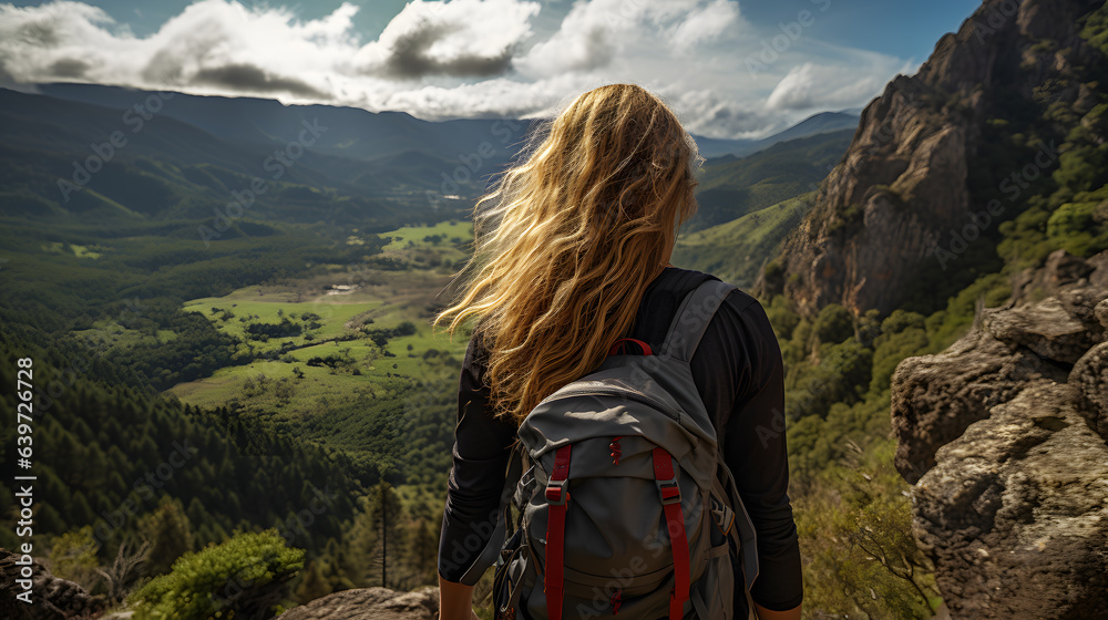 arafed woman with long blonde hair looking out over a valley Generative AI