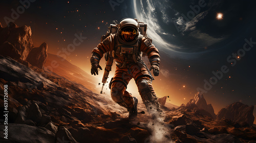 astronaut walking on a rocky surface in front of a planet Generative AI photo