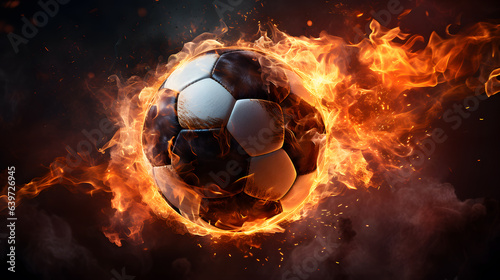 flames surrounding a soccer ball on a black background Generative AI