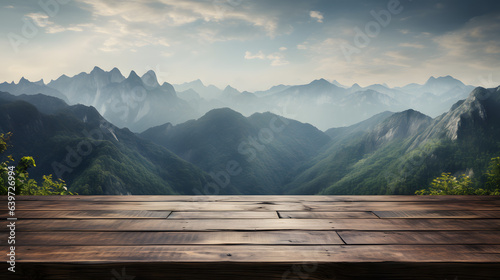 arafed wooden table with a view of mountains and clouds Generative AI