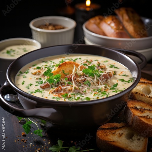 A delicious bowl of New England clam chowder with garnish and rolls. Generative AI. 