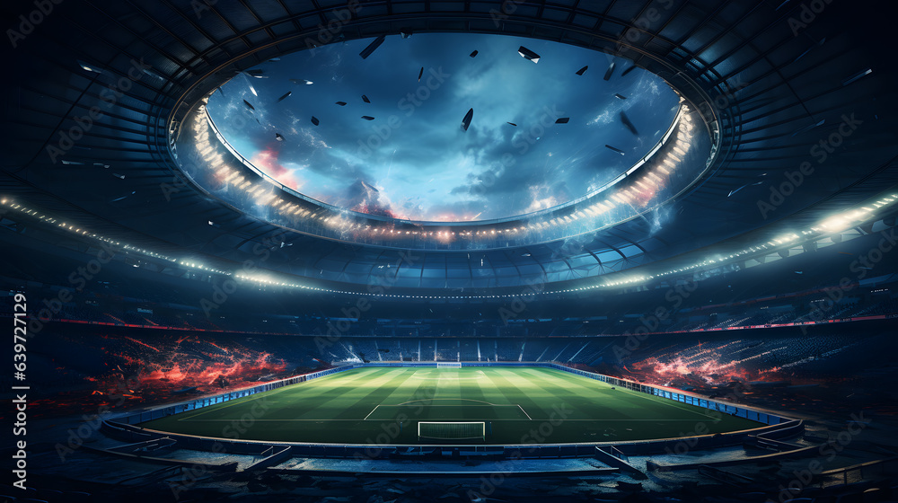 arafed view of a soccer stadium with a green field and a sky Generative AI - obrazy, fototapety, plakaty 