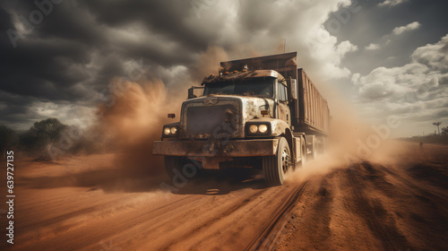 there is a truck that is driving down the dirt road Generative AI