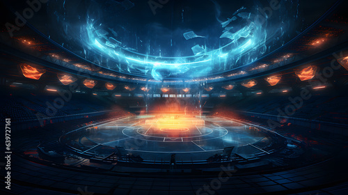 arafed view of a basketball court with a fireball in the middle Generative AI photo